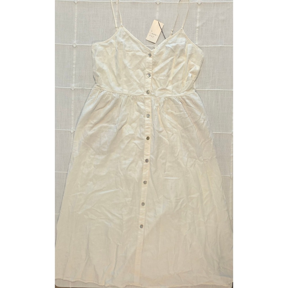 A New Day Linen Blend Button Front Midi Dress Off White XL NWT